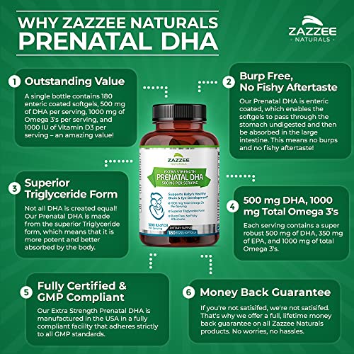 Zazzee Extra Strength Prenatal DHA 500 mg, 180 Enteric Coated Softgels, 1000 mg Omega 3’s